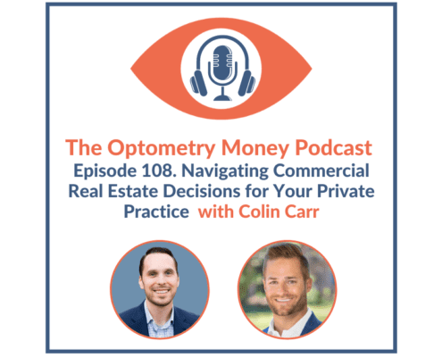 Episode 108 of Optometry Money Podcast Cover about navigating practice real estate decisions